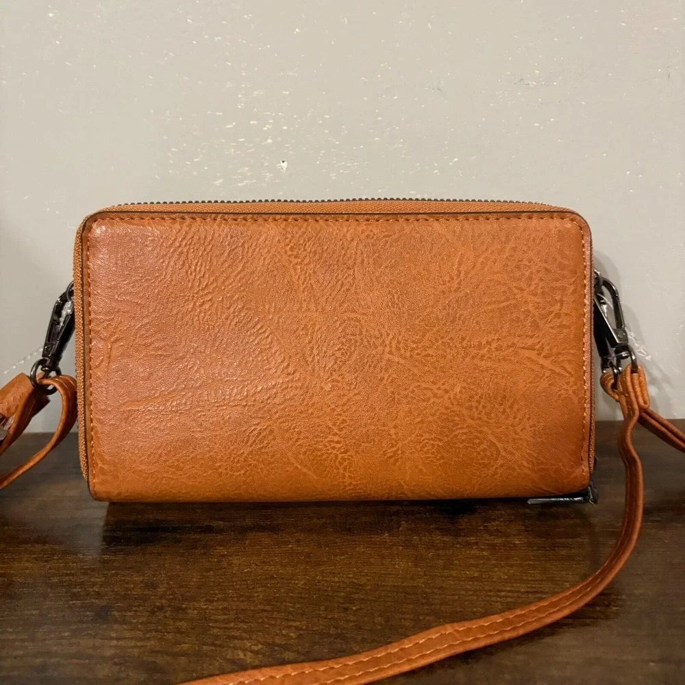 Sam & Hadley Cognac Brown‎ Vegan Leather Embroidered Beaded Crossbody Bag